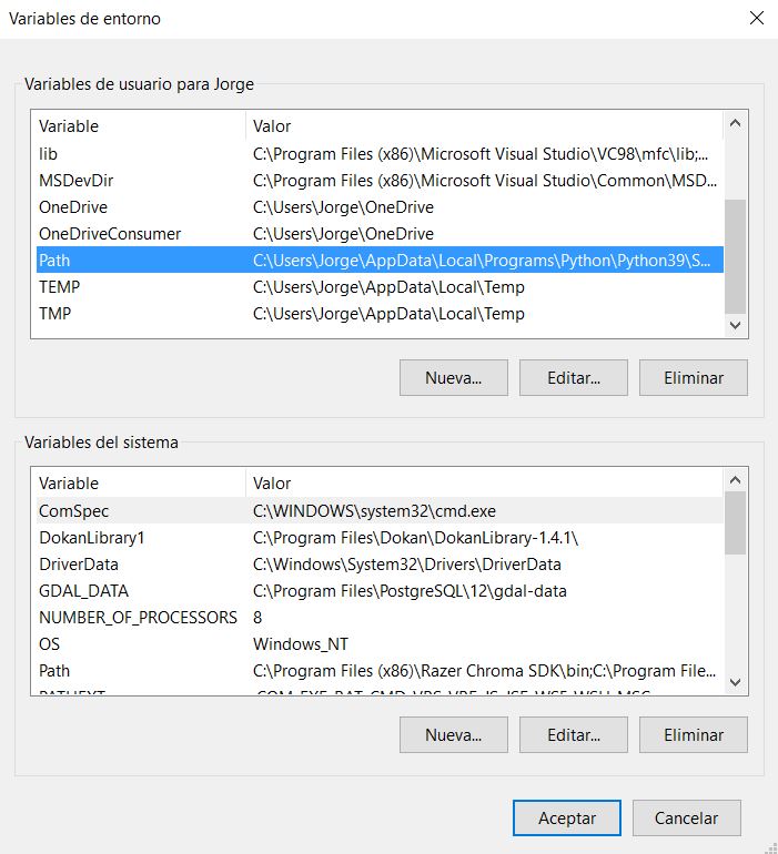 Buscar editar las variables de entorno del sistema